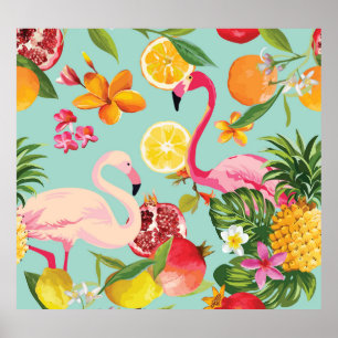 Poster Flamant rose des fruits tropicaux Motif Vintage