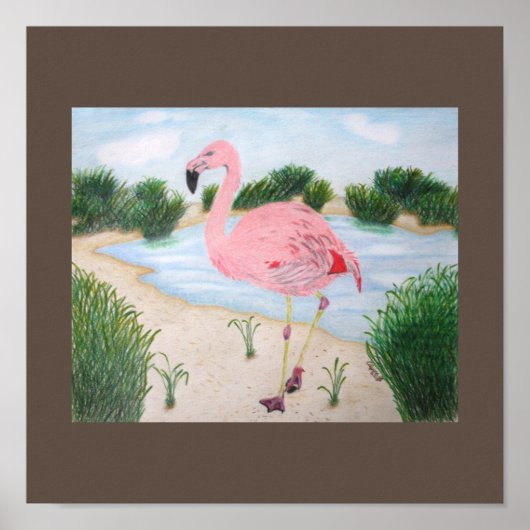 Poster Flamant rose en toile marécageuse (Devant)