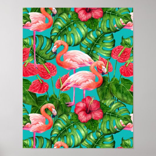 Poster Flamant rose et aquarelle du jardin tropical (Devant)