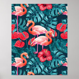 Poster Flamant rose et aquarelle du jardin tropical