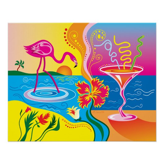Poster Flamant rose et cocktail d'été (Devant)