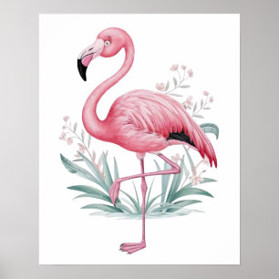Poster Flamant rose et fleurs