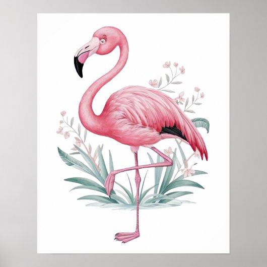 Poster Flamant rose et fleurs (Devant)