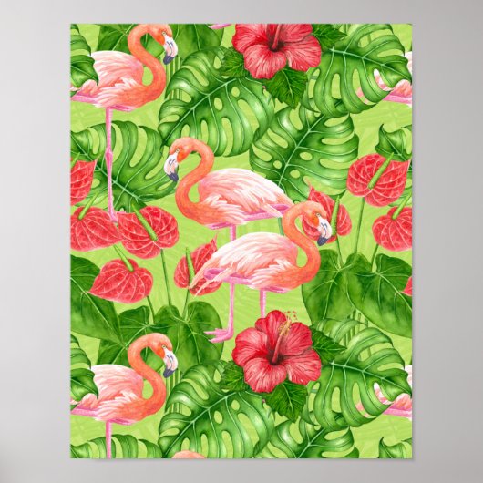 Poster Flamant rose et plantes tropicaux (Devant)