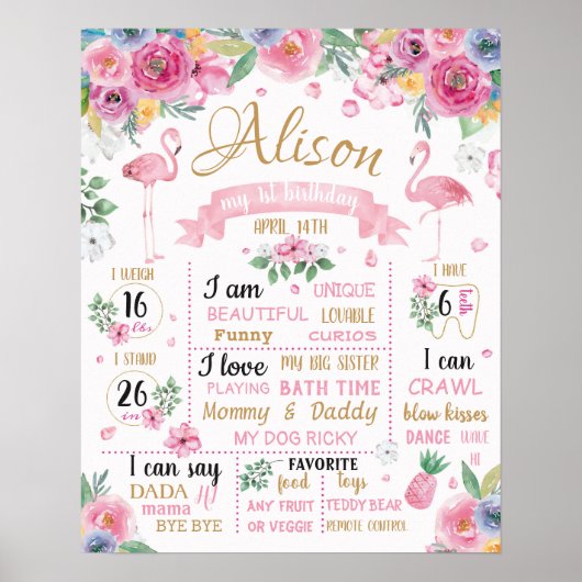 Poster Flamant rose Fleurs Été Luau Signal d'anniversaire (Devant)