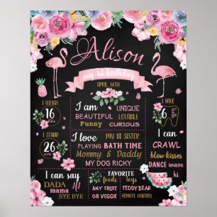 Poster Flamant rose Fleurs Été Luau Signal d'anniversaire