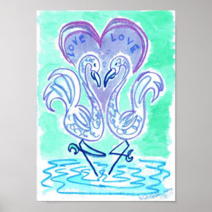 Poster Flamant rose Love blue par Wendy C Allen