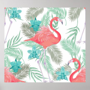 Poster Flamant rose, orchidée : motif vintage romantique.