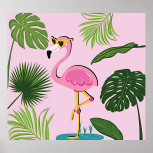 Poster Flamant rose Palm Feuille Tropical Design