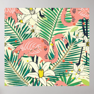 Poster Flamant rose Palm Feuilles : Vintage tropical