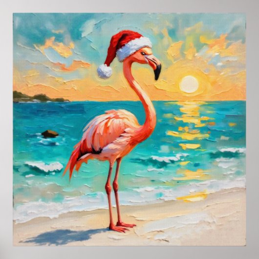 Poster Flamant rose père Noël sur la plage (Devant)