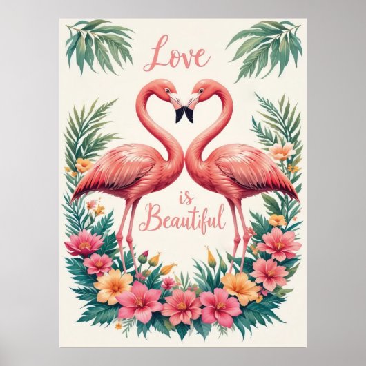 Poster Flamant rose romantique Love Heart Illustration (Devant)