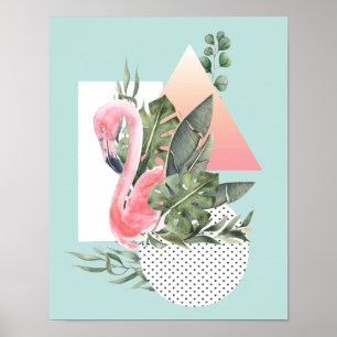 Poster Flamant rose rose aquarelle Collage tropical