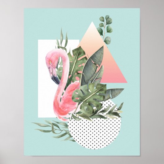 Poster Flamant rose rose aquarelle Collage tropical (Devant)