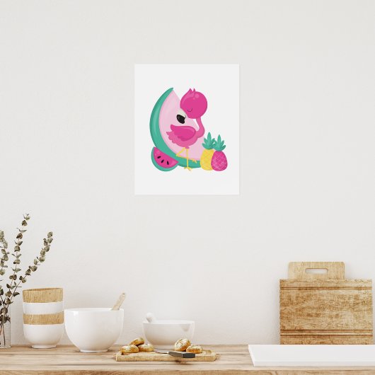 Poster Flamant rose rose avec pastèque et ananas (Cuisine)