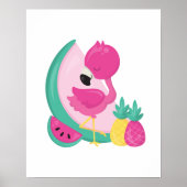 Poster Flamant rose rose avec pastèque et ananas (Devant)