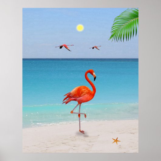 Poster Flamant rose rose corail & feuille de palme sur la (Devant)