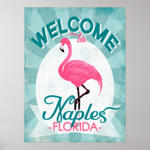 Poster Flamant rose rose de Naples la Floride - rétro