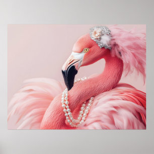 Poster Flamant rose rose élégant avec perles et plumes
