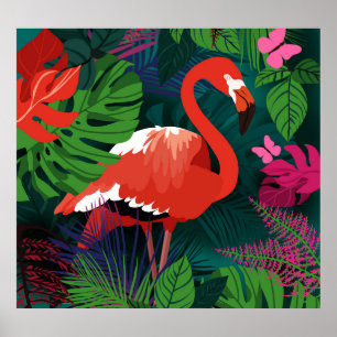 Poster Flamant rose rose : Harmonie des papillons tropica