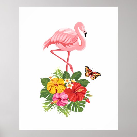 Poster Flamant rose rose & Hibiscus Tropical Fancy (Devant)