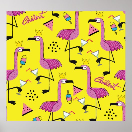 Poster Flamant rose rose : Motif de mode d'été (Devant)