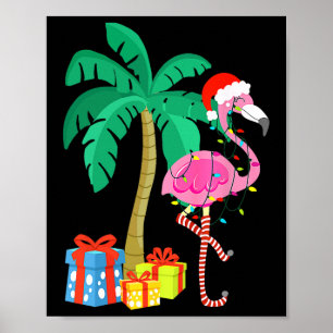Poster Flamant rose rose Noël Palmier Tropical Xmas Fu