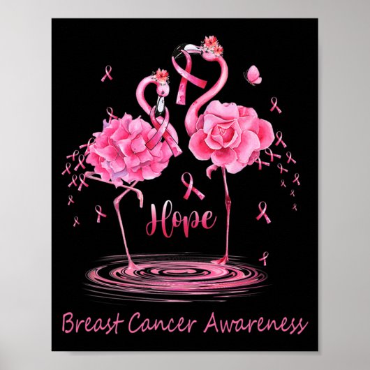 Poster Flamant rose rose Ruban Papillons Cancer du sein A (Devant)