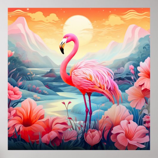 Poster Flamant rose rose tropical avec fleurs (Devant)