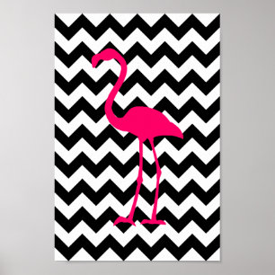 Poster Flamant rose rose vif Zigzag noir et blanc