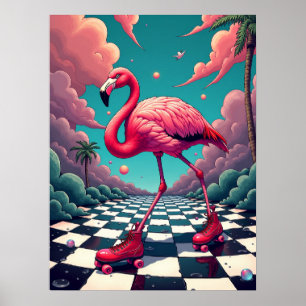Poster Flamant rose sur une patinoire de rêve : Retro Sur