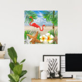 Poster Flamant rose tropical à la plage (Bureau à domicile)