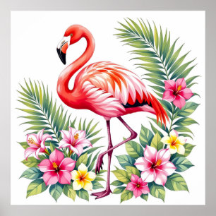 Poster Flamant Rose Tropical Aquarelle Florale Hawaïenne