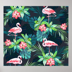 Poster Flamant rose tropical : Fleurs d'été Motif