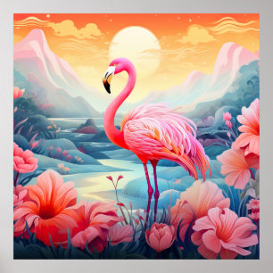 Poster Flamant Tropical avec Fleurs