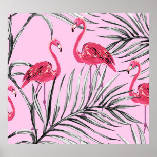 Poster Flamants roses, aquarelle tropicale vintage motif.