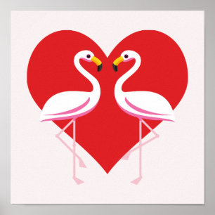 Poster Flamants roses blancs mignons rose avec coeur roug