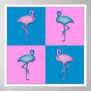 Poster Flamants roses bleu et rose