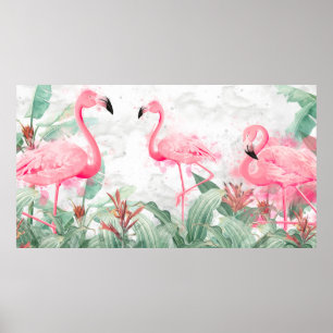 Poster flamants roses en plantes tropicaux sur un dos tex