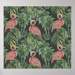 Poster Flamants roses, motif vintage tropical.