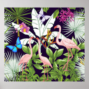 Poster Flamants roses, plantes tropicaux : motif vintage.