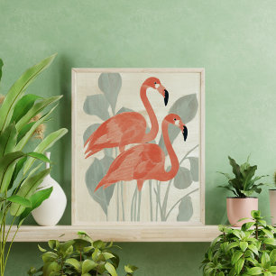 Poster Flamants roses plantes vertes aquarelle élégant am