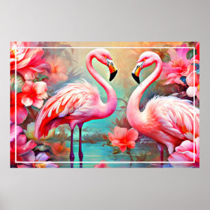 Poster Flamants roses roses dans un lac avec fleurs-20231