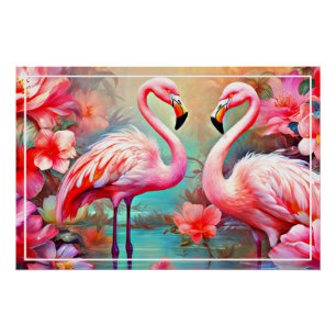 Poster Flamants roses roses dans un lac avec fleurs-20231
