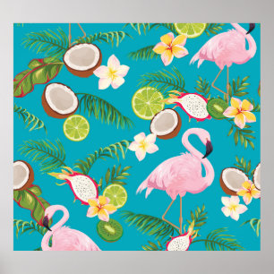 Poster Flamants roses roses : Tropical Seamless Motif