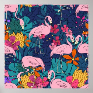Poster Flamants roses sur un arrière - plan de feuilles t