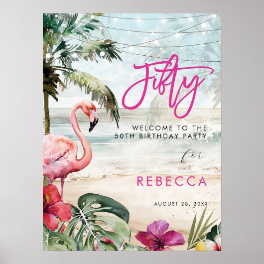 Poster flamingo beach tropical cinquante bienvenue affich (Devant)