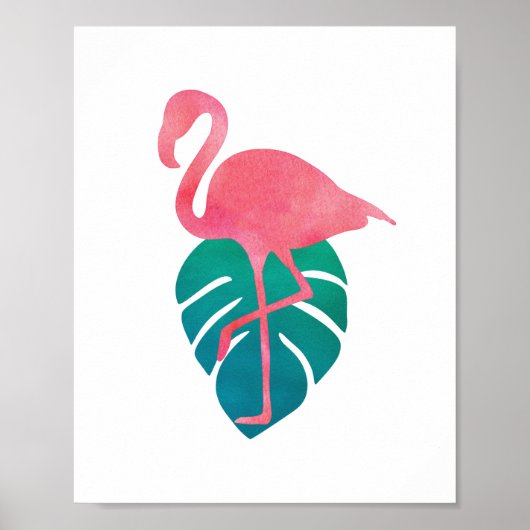 Poster Flamingo Feuilles Tropicales Art Aquarelle (Devant)