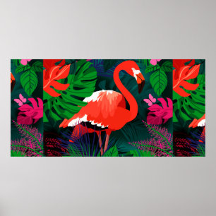 Poster Flamingo rose. Feuilles tropicaux, papillon rose,