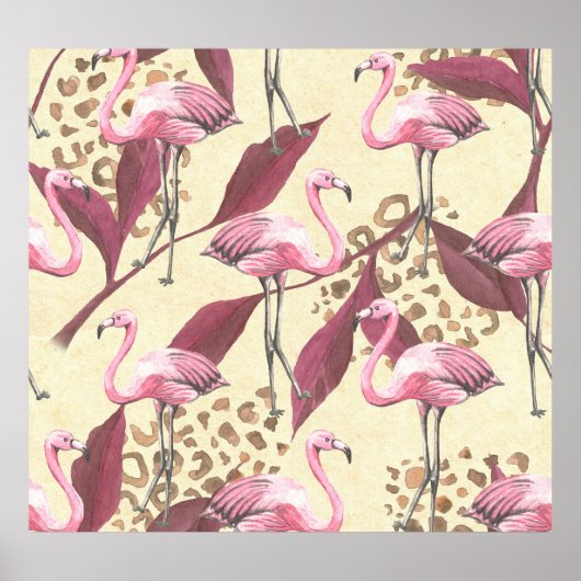 Poster Flamingo rose tropical, motif léopard. (Devant)